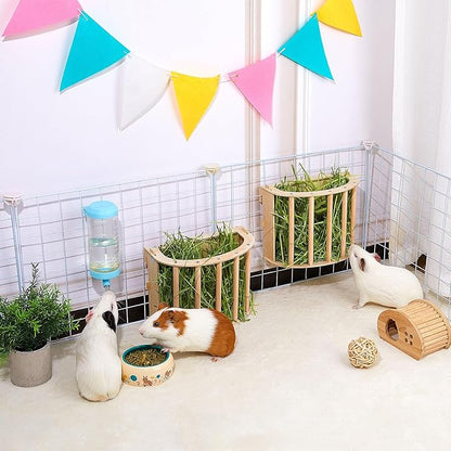 2PCS Guinea Pig Hay Feeder - Wooden Rabbit & Bunny Hay Holder Hanging Rack with Instructions - Suitable for Chinchilla, Ferret & Rabbit Cages