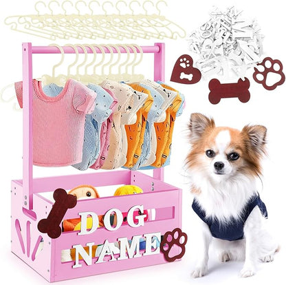 20" x 13" x 9" Wooden Pet Wardrobe Closet Crate Box with Hanging Rods and Personalized Pet Alphabet Letters Easy Assembly Baskets for Dog Cat Toys Clothes Accessories(Pink)