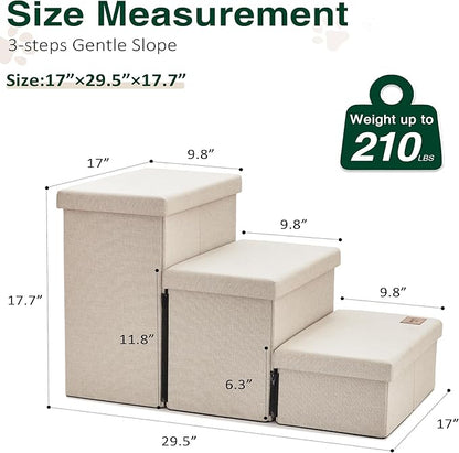 Love's cabin Dog Stairs for High Bed 18" H,Foldable Pet Stairs for Small Medium or Large Dogs Puppy with Storage for Bed or Couch, Cat Dog Steps Ramp with Zip up to 210 lbs(Beige,3 Steps no Condo)