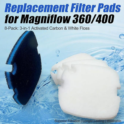 8 PCS Replacement Filter Pads for MarineLand for Magniflow 360/400 Canister Filters, Upgraded 3-in-1 Coarse (Activated Carbon) & White Floss Media - Mechanical & Biological Filtration