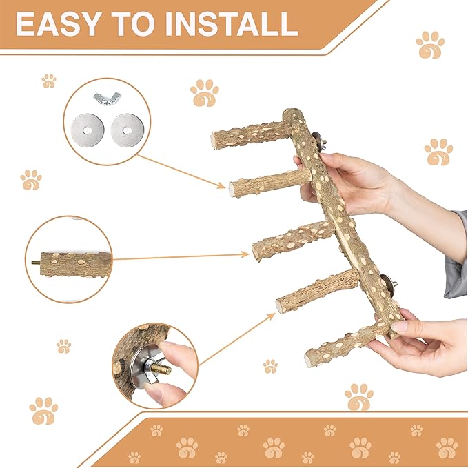 Bird Ladder Perch for Cage - Natural Wooden Bridge, Exercise Stands for Parrot Climbing - Pet Training Ladders - Hanging Playground -Toys for Parakeet, Cockatiel, Conures, Lovebirds, Budgie