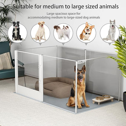 Dog Clear Playpen Fence Kennel: 32" Extra Tall Puppy Birthing Enclosure with Waterproof Fertility Pad - 64"x43" Pet Heavy Duty Play Pin Corral with Transparent View and Lockable Door for Dogs Bunny