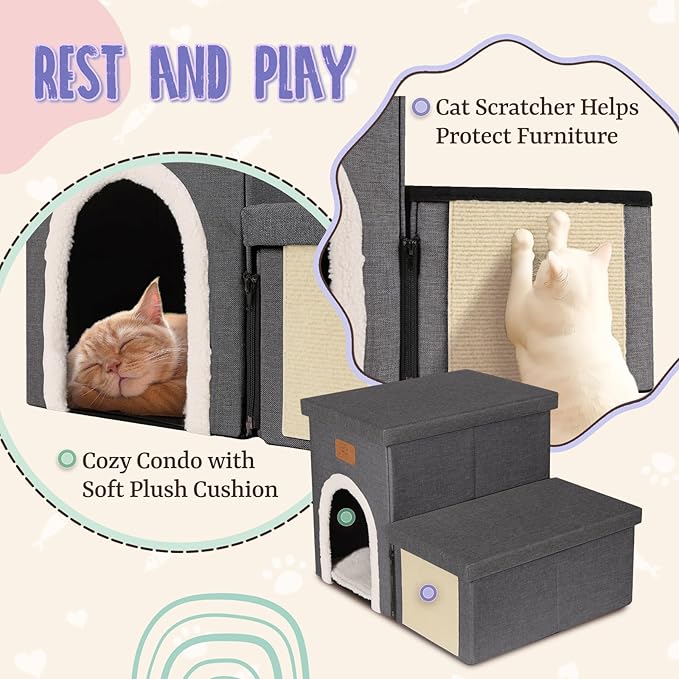 downluxe Dog Stairs for Small Dogs, Foldable Dog Steps for Bed, Sofa and Chair, Non-Slip Pet Steps with Cat Scratcher and Condo (2-Step Pet Stairs, Dark Grey)