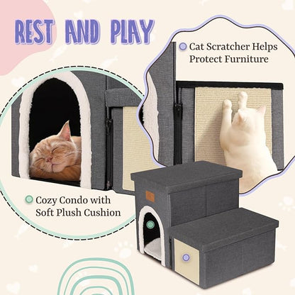 downluxe Dog Stairs for Small Dogs, Foldable Dog Steps for Bed, Sofa and Chair, Non-Slip Pet Steps with Cat Scratcher and Condo (2-Step Pet Stairs, Dark Grey)