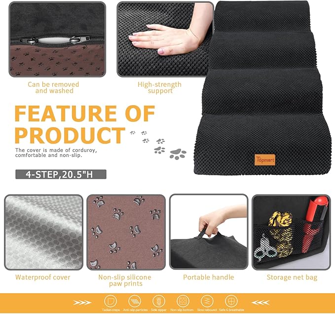 Topmart High Density Foam Dog Steps 4 Tiers,Extra Wide Deep Pet Steps,Non-Slip Pet Stairs,Dog Ramp for Bed,Soft Foam Dog Ladder,Best for Older Dogs Injured,Older Pets,Cats with Joint Pain,Color Black