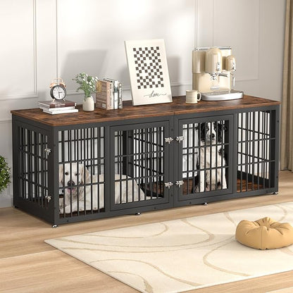 78 Inch Double Dog Crate Furniture, Heavy Duty Extra Large Cage Furniture with Divider for 2 Dogs, Decorative Wooden Kennel Furniture Indoor, Metal Pet House for Large and Medium Dogs