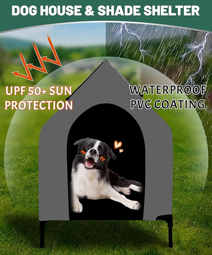 36" Dog House Outdoor for Medium/Large Breeds - Outside Waterproof & Sunproof Dog House, Elevated Dog Bed with Dog Shade Shelter Canopy