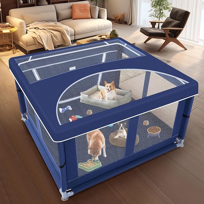 42x42x25.6 Inch Puppy Playpen with Cover, Dog Playpen for Puppies or Small Dogs, Pet Fence for Indoor & Outdoor, Sturdy Safety DogPen with Thickened Fabric, High-Strength Nylon Wire Mesh