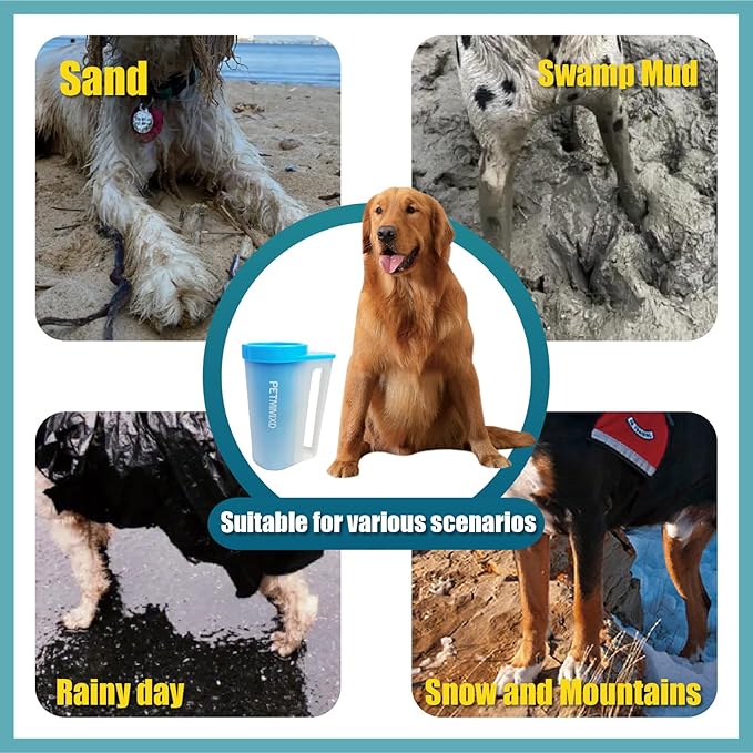 Dog Paw Washer with Handle, Absorbent Towels & Adjustable Bath Brush for Short and Long Hair, Muddy Pet Foot Cleaner (Blue, Large)