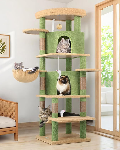 Globlazer Cactus Corner Cat Tree Tower for Large Cat, 66inch Tall Large Cat Tree Condo for Multiple Indoor Cats with 6 Scratching Posts, 2 Spacious Cat Condos, Soft Hammock, Hanging Basket, C66, Green