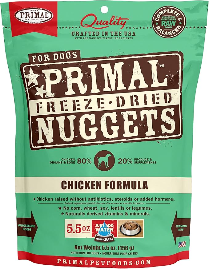 Primal Freeze Dried Raw Dog Food Nuggets, Chicken, Complete & Balanced Meal, Also Use as Topper or Treat, Premium, Healthy, Grain Free, High Protein Raw Dog Food, 5.5 oz