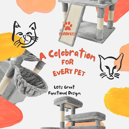Cat Tree, 80-Inch Large Cat Tower with 9 Scratching Posts, 2 Perches, 2 Caves, 2 Basket, 2 Stairs, Extra Large Hammock, Pompoms, Multi-Level Plush Cat Condo for Indoor Cats/Light Grey