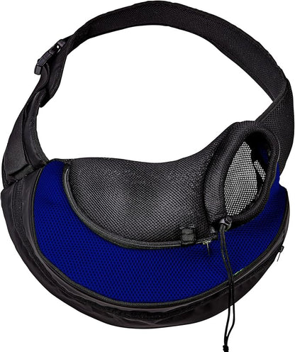 Expandable Pet Carrier Sling Bag - Small Dog, Puppy and Cat Carrier Front Shoulder Backpack w/Harness Strap - Carrying Pouch for ESA, Animal Travel - PU Leather Bottom, Mesh Pocket by Katziela (Blue)