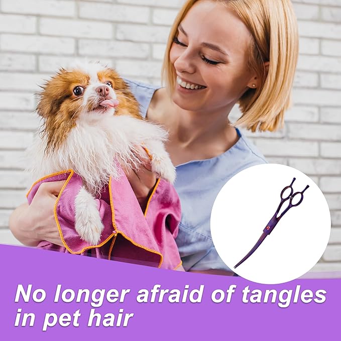 Dog Grooming Scissors, with Ergonomic Handle, Pill Popper for Cats, Upper Bend Shears, Stainless Steel Curved Shears for Dogs Cats, Purple, 7.5inch