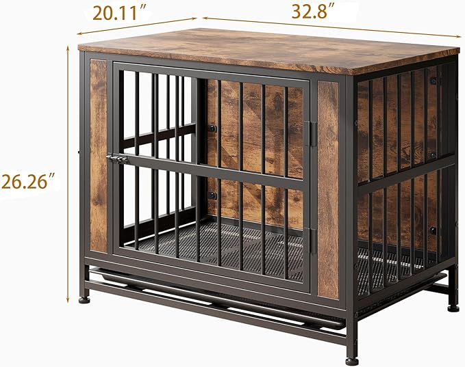 32.8 Inch Wooden Dog Crate Furniture,Indoor Pet Kennel with 2 Sliding Doors,Pull-Out Tray,Stylish Design for Home Decor,Rustic Brown