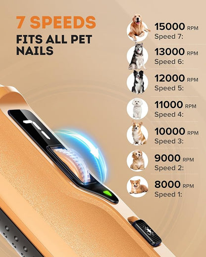 YABIFE 7-Speed Dog Nail Trimmers, Professional Dog Nail Grinder with Light - Heavy Duty Pet Nail Grinder for Dogs/Cats/Birds/Small Animals - Whisper Quiet, Single Hand Operation