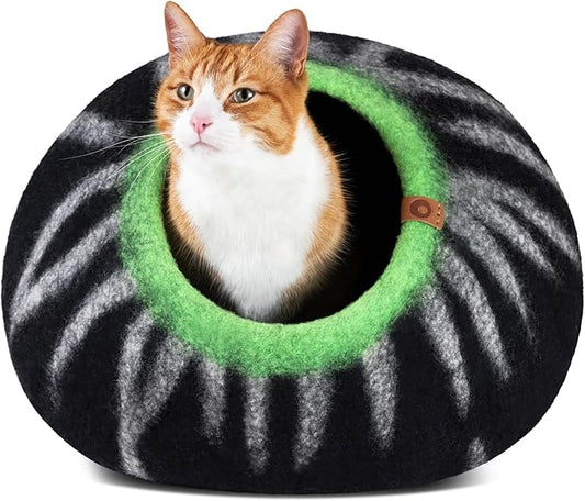 MEOWFIA Cat Cave  Premium Felt Cat Bed for Indoor Cats, Handmade 100% Merino Wool (Large, Shining Tiger)