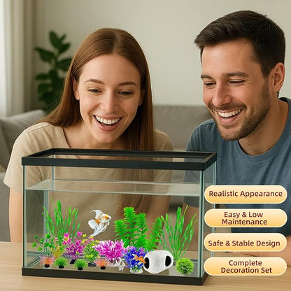 Aquarium Decorations Set, 16Pieces Artificial Plastic Plants & Smooth Fish Cave Rock, Non-Damaging Ornaments for Fish Tank with Gift Box Packaging, Goldfish & Betta Fish Tank Accessories