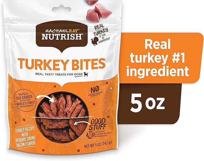 Rachael Ray Nutrish Turkey Bites Real Meat Grain Free Dog Treats, Turkey Recipe with Hickory Smoked Bacon Flavor, 5 Ounces (Pack of 5) Packaging May Vary