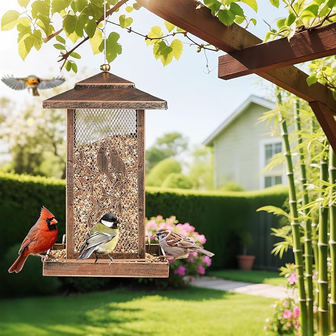 LBTING Bird Feeder for Outside, Metal Lantern-Shaped Bird Feeder, Squirrel Proof Wild Bird Feeders for Hanging Outdoor Garden Yard, Birds Pattern