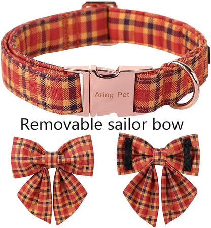 ARING PET Fall Dog Collar-Cotton Halloween Plaid Dog Collar with Bowtie, Adjustable Orange Halloween Dog Collars Pet Necklace with Metal Buckle for Girl&Boy Dogs