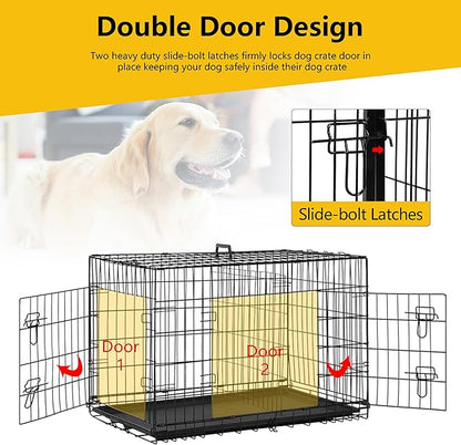 24/7 Shop at Home Gossamer Metal Double Door Folding Wire Pet Crate with Divider, Removable Tray, and Handle for Outdoor and Indoor Medium Dog, 48-inch, Black