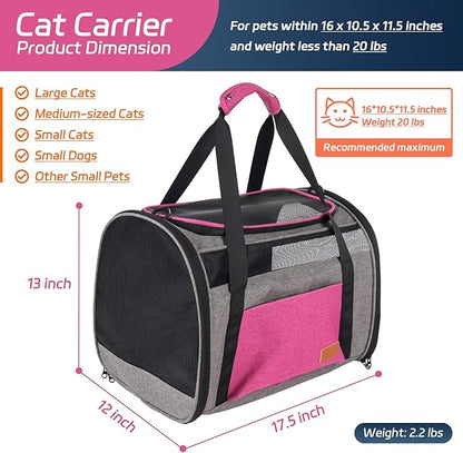 Cat Carrier for Large Cats 20 lbs, Soft Sided Breathable Mesh Cat Travel Carrier, Large Cat Carrier Airline Approved, Washable Pet Carrier for Cats Small Dogs Puppies, Foldable Cat Carrier, Pink