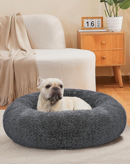 OhGeni Calming Donut Dog & Cat Bed Pillow, Machine Washable Plush Waterproof Zipper Cover, Anti-Slip Round Comfort Bed, Pillow Design Cozy Warming Fluffy Fur Bed for Medium Dogs, Gray, 30 inches