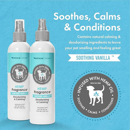 Petkin Hemp Fragrance for Dogs and Cats - With Hemp Oil & Soothing Vanilla Extract, 8 oz - Soothes, Calms & Conditions - Keeps Pet Smelling Great - For Home, Travel & Use on Pet Bedding
