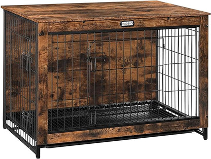 Dog Crate Furniture, 38.6" Large Dog Kennel Indoor, Wooden Dog Crate with Pull-Out Tray, Double Doors Dog House, Modern Side End Table for Small/Medium/Large Dog, Rustic Brown BF982GW03G1