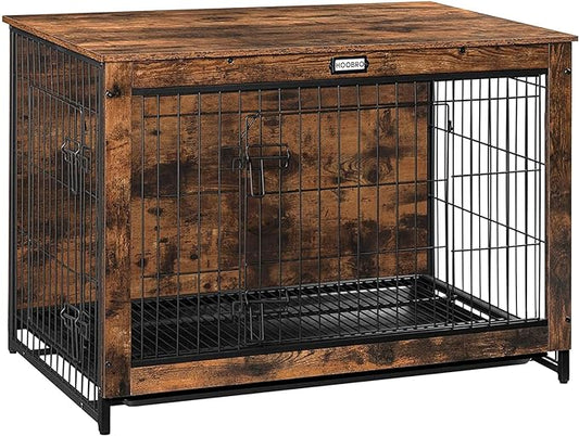 Dog Crate Furniture, 38.6" Large Dog Kennel Indoor, Wooden Dog Crate with Pull-Out Tray, Double Doors Dog House, Modern Side End Table for Small/Medium/Large Dog, Rustic Brown BF982GW03G1