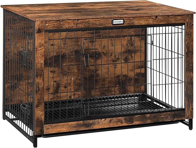 HOOBRO Dog Crate Furniture, 38.6" Large Dog Kennel Indoor, Wooden Cage with Pull-Out Tray, Double Doors Pet House Side End Table for Large/Medium/Small Dogs, Rustic Brown BF982GW03G1