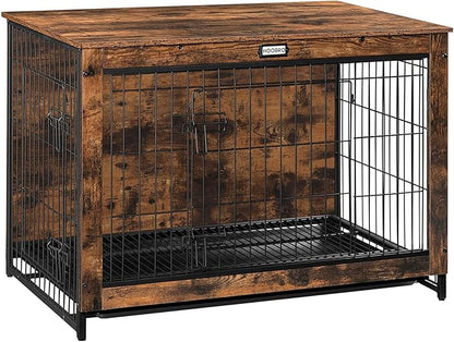 HOOBRO Dog Crate Furniture, 38.6" Large Dog Kennel Indoor, Wooden Cage with Pull-Out Tray, Double Doors Pet House Side End Table for Large/Medium/Small Dogs, Rustic Brown BF982GW03G1