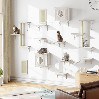 NUNU LAB Cat Wall Shelves, 10-in-1 Wall-Mounted Cat Furniture Set, Large Cat Climber Set with House, Bridge, Steps, Scratcher, DIY Playground, Shelves for Indoor Wall Furniture Set - Beige