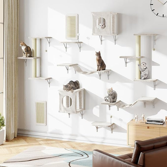 NUNU LAB Cat Wall Shelves, 10-in-1 Wall-Mounted Cat Furniture Set, Large Cat Climber Set with House, Bridge, Steps, Scratcher, DIY Playground, Shelves for Indoor Wall Furniture Set - Beige