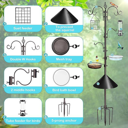 Bird Feeding Station Kit, 87 Inches Bird Feeder Pole, Premium Feeder Hanging Kit with Metal Suet, Water Bowl, Mesh Tray and Squirrel Baffle