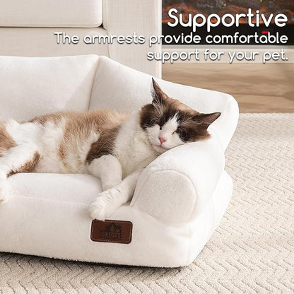 Hollypet Fluffy Plush Pet Cat Couch Soft Calming Pet Sofa Beds for Medium Small Cats and Dogs, White