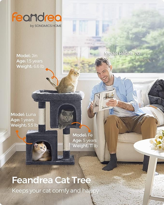 Feandrea Cat Tree, 29.1-Inch Cat Tower, M, Cat Condo for Medium Cats up to 11 lb, Large Cat Perch, 2 Cat Caves, Scratching Post, Smoky Gray UPCT612G01