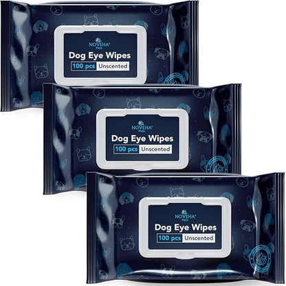 NOVEHA Dog Eye Wipes - Plant-Based Eye Wipes for Dogs - Formulated to Remove Eye Debris, Tear Stains & Eye Discharge - Safe, Convenient, and Large Unscented Wipes (300 Counts)