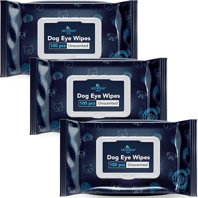 NOVEHA Dog Eye Wipes - Plant-Based Eye Wipes for Dogs - Formulated to Remove Eye Debris, Tear Stains & Eye Discharge - Safe, Convenient, and Large Unscented Wipes (300 Counts)