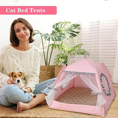 Gigreinc Cat Princess Indoor Tent House Pet Dog Cute Floral Cave Nest Bed Portable Dog Tents (M:38x38x36cm/15x15x14inch, Floral Pink)