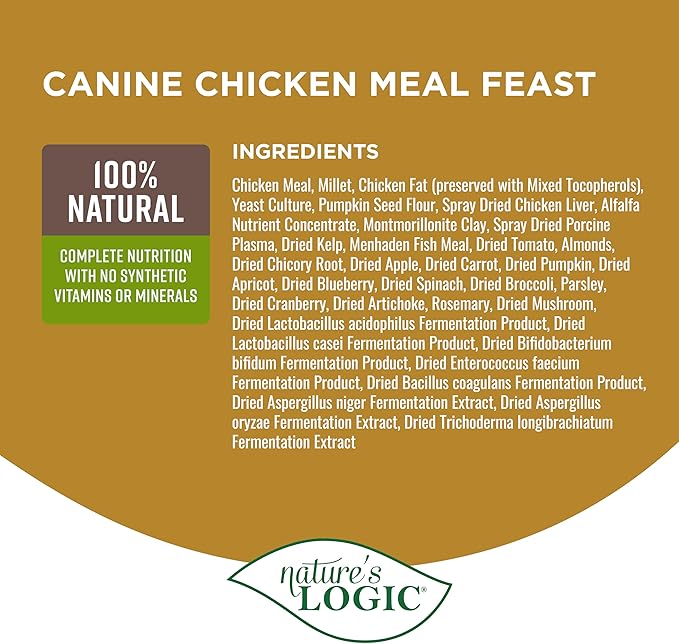 NATURE'S LOGIC Dry Dog Food - 100% Natural - No Synthetics - for All Ages, Sizes, Breeds - Free from Common Allergens, High Protein - Chicken Meal Feast, 13lbs