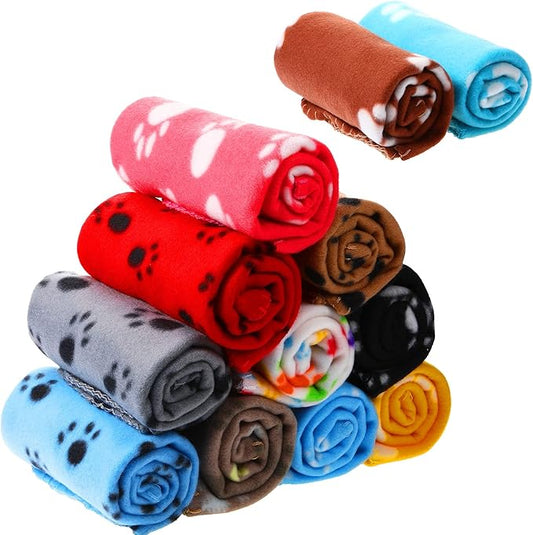 Tegeme 12 Pieces Fleece Blankets for Pets Dog Puppy Paw Print Cat Bedding Cover Blanket for Small Animals Pig Cage Liner Sleep Mat Pad Kitten Soft Warm(Cute Style,28 x 24 Inches)