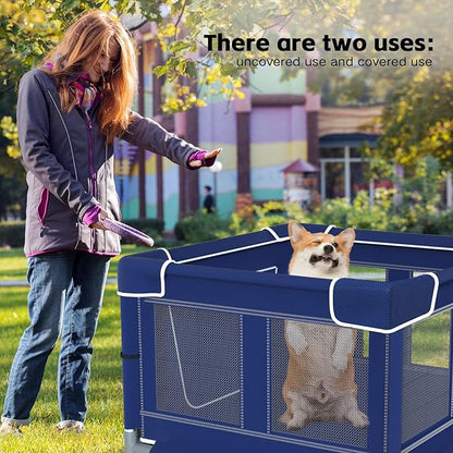 Dog Playpen 42 _ 42 Inch, Puppy PlayPen with Gate for Puppies, Cat, Small and Medium Dogs, Pet PlayPen with Roof for Outdoors & Indoors, Thickened Fabric, Safe & Sturdy Dog Fence