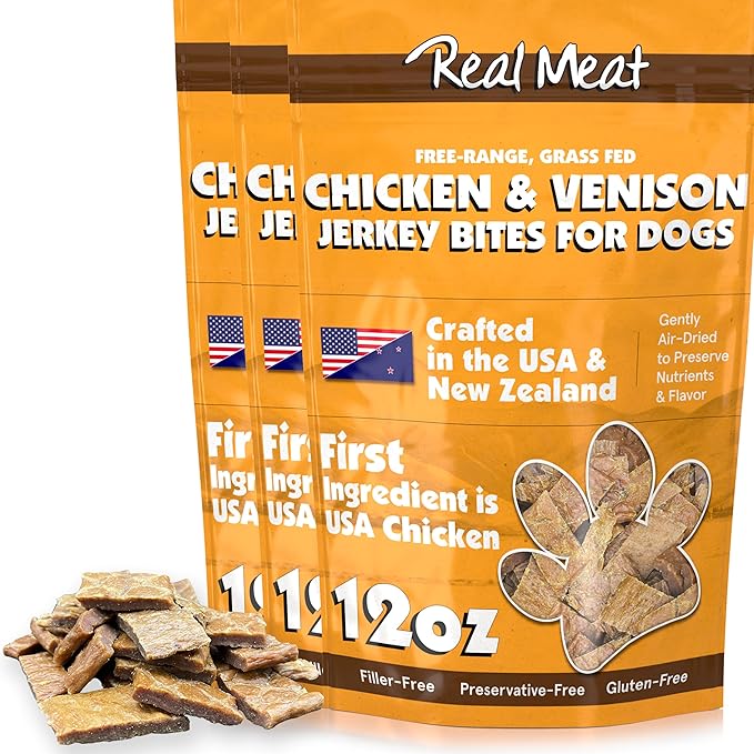 Real Meat Dog Treats - Three 12oz Bag of Bite-Sized Air-Dried Venison & Chicken Jerky for Dogs - Grain-Free Jerky Dog Treats With 95% Human-Grade, Free-Range Venison & Chicken - All-Natural Dog Treats
