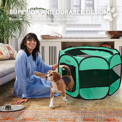 Portable Pop Up Large Pet Puppy Dog Playpen Indoor, Collapsible Cat Kitten Crate Cage Kennel Enclosed, Foldable Cat Play Pen Tent with Bottom Roof Cover for Car Travel Camping - Green