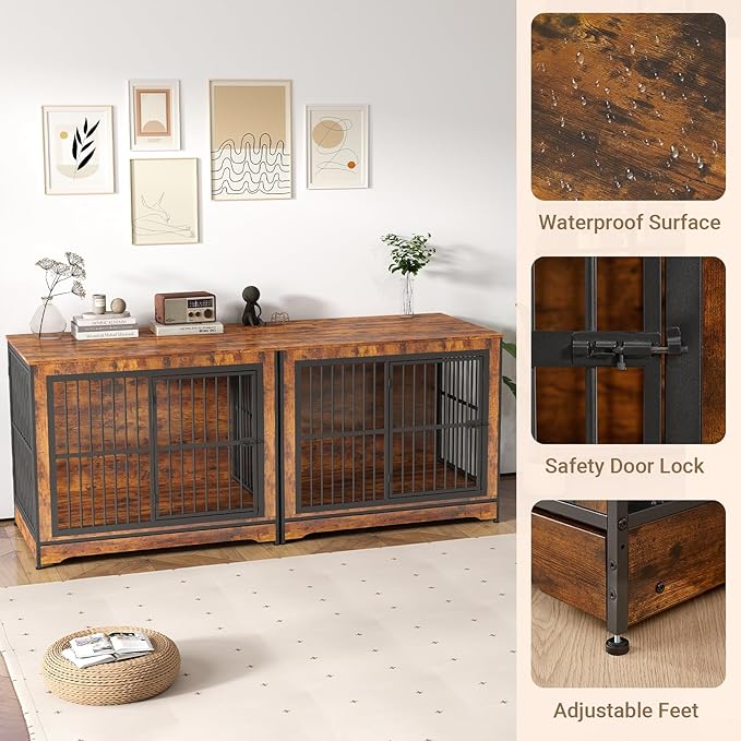 Rovibek Double Dog Crate Furniture, 86 Inch, 2 Dog Crate with Removable Divider & Trays, Furniture Style Dog Cage for 2 Dogs Indoor with Three Doors, Rustic Brown