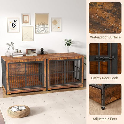 Rovibek Double Dog Crate Furniture, 86 Inch, 2 Dog Crate with Removable Divider & Trays, Furniture Style Dog Cage for 2 Dogs Indoor with Three Doors, Rustic Brown