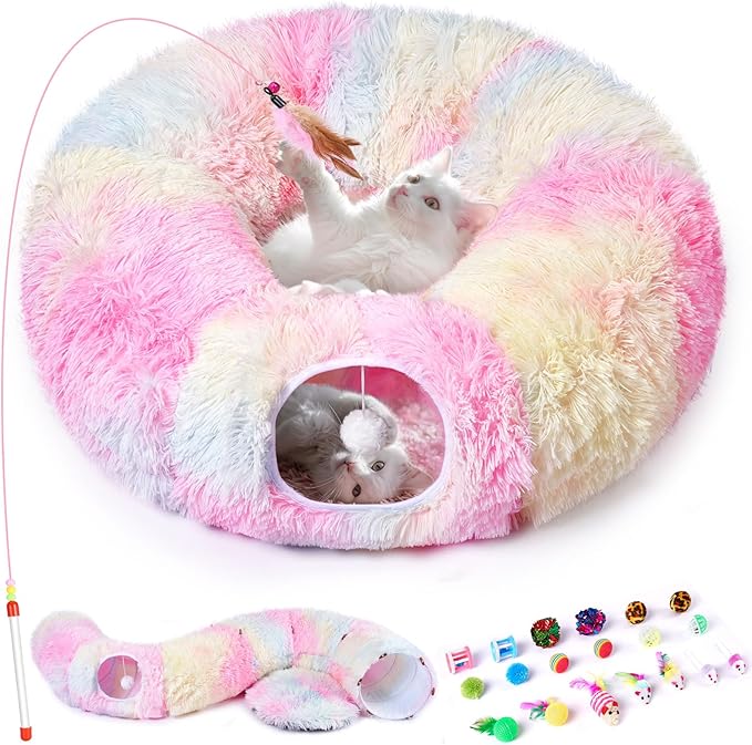Odoland Cat Tunnel Bed with 20 Cat Toys - Indoor Plush Kitten Couch,Detachable Cats Cave Donut Tunnel & Soft Kitten Toy Set-Cozy Cat Furniture Pink