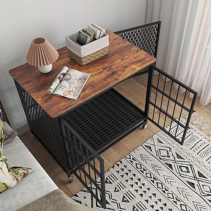 BOINN 42 inch Extra Large Dog Crate Furniture with Removable Trays, 3 Doors, 4 Wheels & 5 Locks - for Medium and Large Dogs